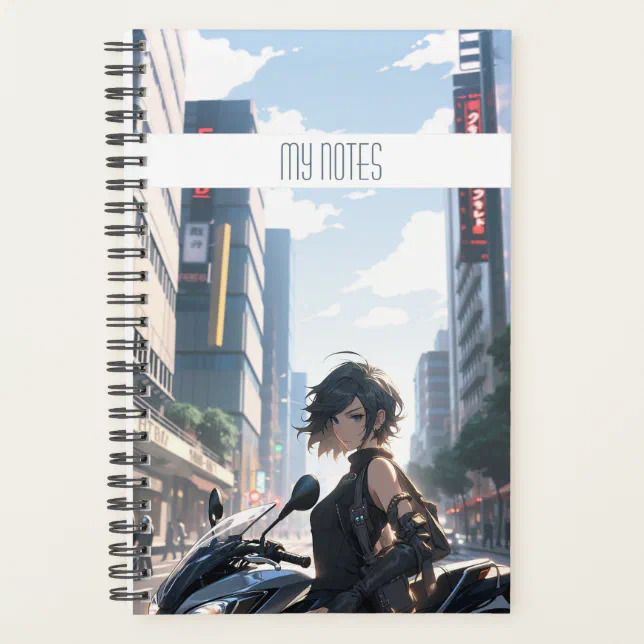 Anime woman biking downtown planner