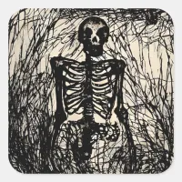 Vintage Black Skeleton Halloween Square Sticker