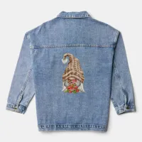 Gnome with Basket of Strawberries Plaid Hat Womens Denim Jacket