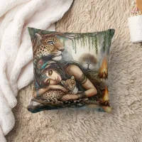 'Native Woman With Tiger Cubs by River' Throw Pillow