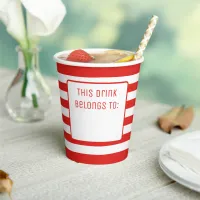 Red and White Striped "This Drink Belongs To" Paper Cups