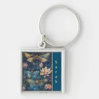 Dragonflies and Lotus Blossoms Silver Colored  Keychain