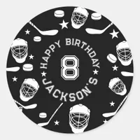 Hockey black and White Themed Kids Birthday Party Classic Round Sticker