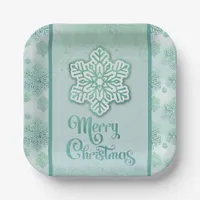 Merry Christmas Snowflakes Iridescent Green  Paper Plates