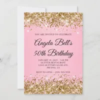 Gold Glitter Pink Fancy Monogram 50th Birthday Invitation