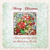 Green Glitter Stained Glass Red Christmas Flowers  Paper Coaster