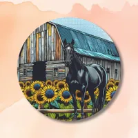 Pretty Black Horse and Rustic Barn with Sunflowers Classic Round Sticker