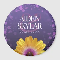 Elegant Golden Daisy with Purple Glitter Wedding Magnet