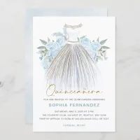 Dusty Blue gold glitter Floral Dress Quincea&#241;era Invitation