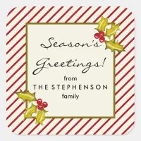 Cream Peppermint Stripe Holly Classic Christmas Square Sticker