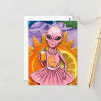 Alien Lady in Pink With Orange Juice Orange Sun Postcard