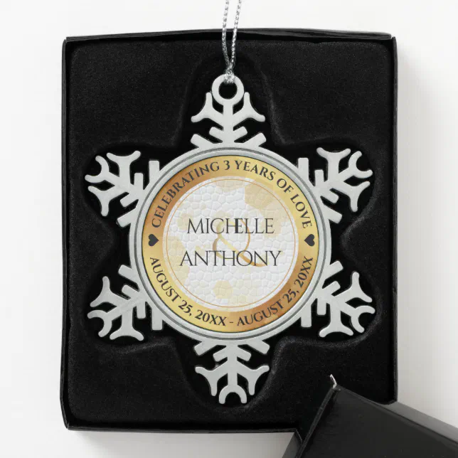 Elegant 3rd Leather Wedding Anniversary Snowflake Pewter Christmas Ornament