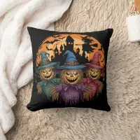 Halloween scarecrow trio under a spooky moonlight throw pillow