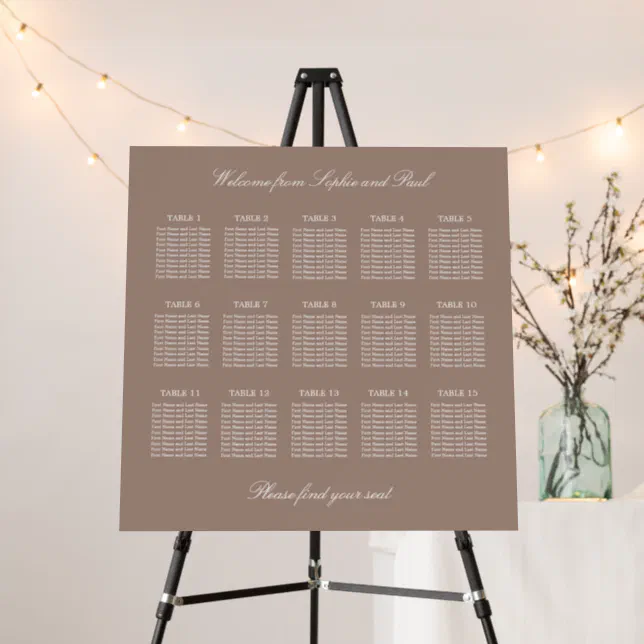 Taupe 15 Table Wedding Seating Chart Foam Board