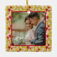 First Christmas Married Pink Red Fun Couples Photo Ceramic Ornament