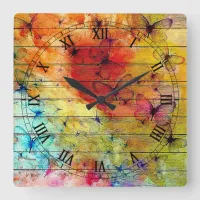 Butterflies on a Colorful Rustic Wood Square Wall Clock