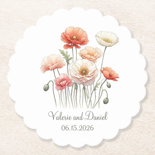 Watercolor Poppy Flowers Pretty Wedding Cocktail Paper Coaster