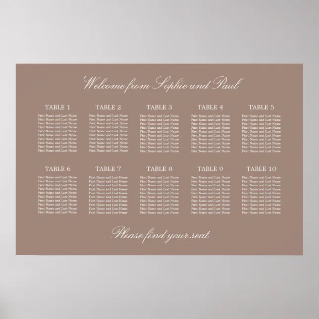 Taupe 10 Table Wedding Seating Chart Poster