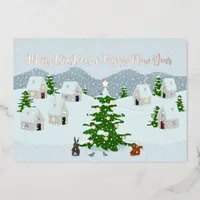 Christmas village with cute animals and snow foil holiday card