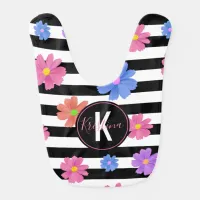 Trendy Floral Black & White Stripes Personalized Baby Bib