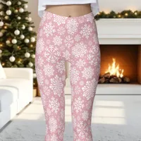 Pink and White Snowflake Pattern Christmas Leggings