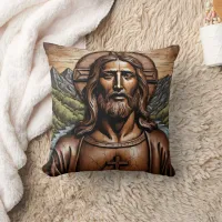 Carved Wooden Portrait of Jesus Amid Nature Throw Pillow