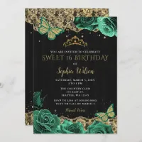 Vintage Green Roses Black Gold Lace Sweet 16  Invitation