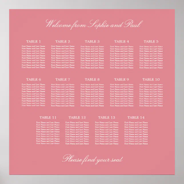 Blush Pink 14 Table Wedding Seating Chart Poster