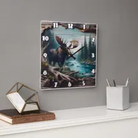 Moose by River in Forest Landscape Art Square Wall Clock