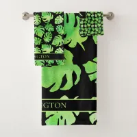 Tropical Green Watercolor Leaves Monogram Name Bath Towel Set