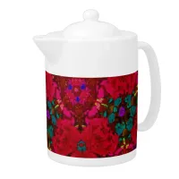 Kaleidoscope Flowers in Red Tea Pot