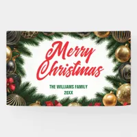 Golden Ornaments Pine Branches Elegant Christmas Banner