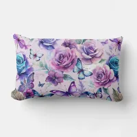 Purple Cottage Roses and Blue Butterfly Lumbar Pillow