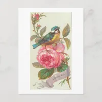 Vintage Blue Bird and Pink Flower Birthday Postcard