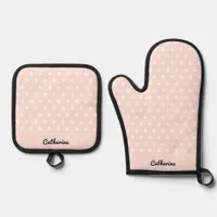 Cute Pretty Retro Polka Dots Pale Peach Custom Oven Mitt & Pot Holder Set