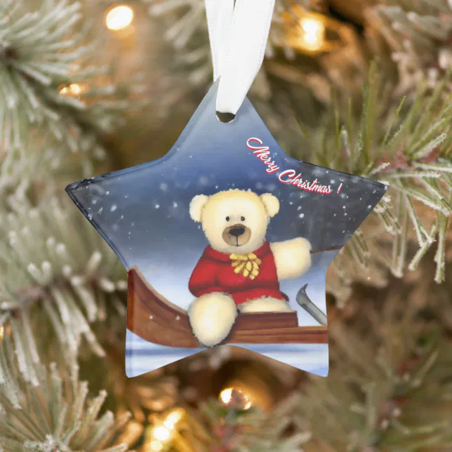 Bear cub in a sleigh in the snow ornament