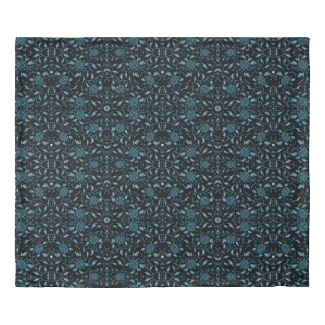 Elegant Flowery Black and Teal Damask Duvet Cover