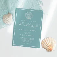 Elegant Teal Blue Seashell Beach Wedding Invitation