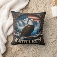 Bald Eagle by Mountains and Flag Throw Pillow