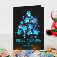Modern Christmas Tree Blue Stars Lights on Black  Card