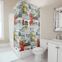 * AR23 Roses Floral Flower Vintage Newsprint Shower Curtain