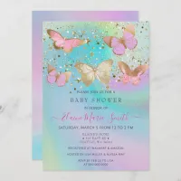 Gold Glitter Pink Purple Butterflies Baby Shower Invitation