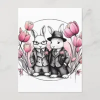 Easter Rabbits in Suits Pink Tulips Postcard