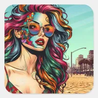 Fractured Art | Abstract Woman at Beach Square Sticker