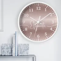 Girly Rose Gold Brushed Metal White Monogram Name  Clock