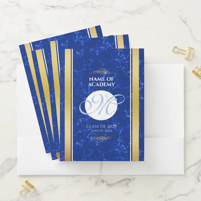 Elegant Graduation Monogram Blue Marble Gold Foil Pocket Folder