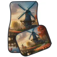 Windmill in Dutch Countryside by River with Tulips Car Floor Mat