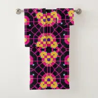 Pink Black & Yellow Mosaic Geometric Pattern Bath Towel Set