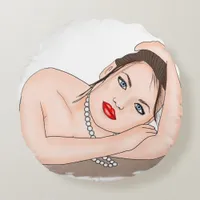 Pearls | Beautiful Blue Eyed Woman   Round Pillow