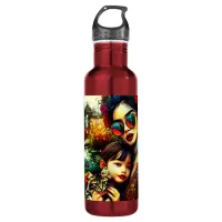 Colorful Art Mom and Daughter Asian Flower Garden Stainless Steel Water Bottle